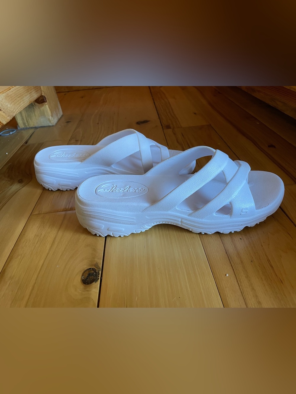Skechers White Triple-Strap Platform Slide Sandals